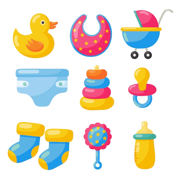 newborn items. toys and clothes icons. baby care supplies