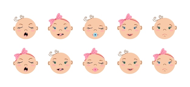 Newborns frontal portraits with different emotions. Cute set of European or American baby faces.