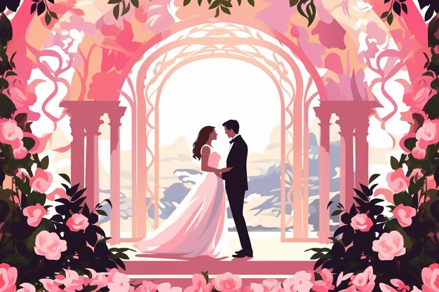 Vector newly married man and woman at wedding