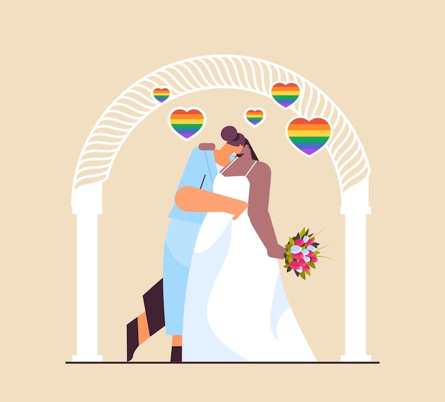 newlywed lesbian couple with flowers kissing near wedding arch transgender love LGBT community wedding celebration concept full length vector illustration