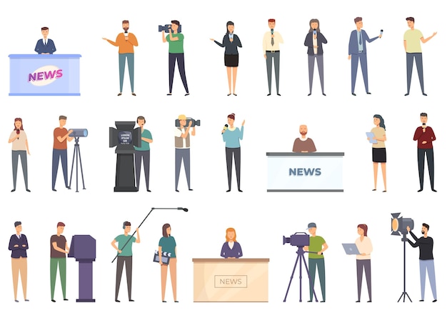 News production team icons set cartoon vector Studio tv