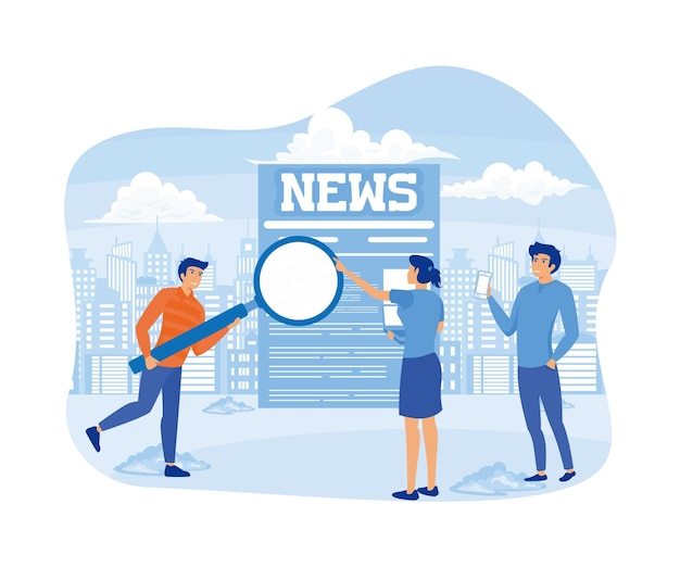 Vector news tiny people read breaking news on newspaper flat vector modern illustration