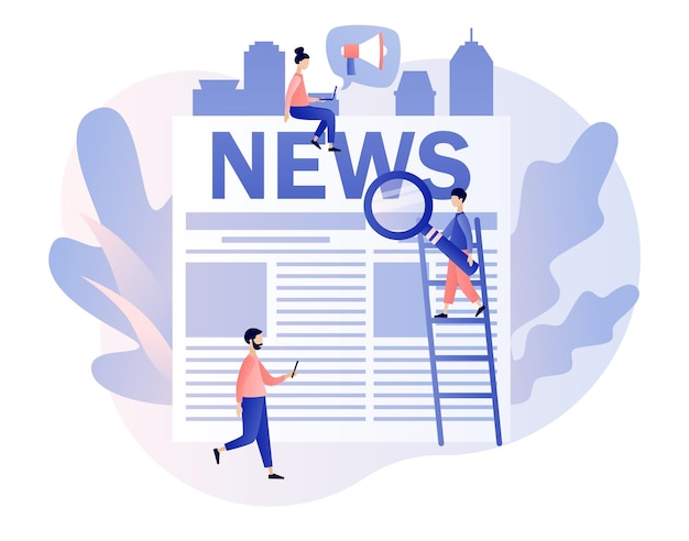 News Tiny people read breaking news on newspaper Modern flat cartoon style Vector illustration