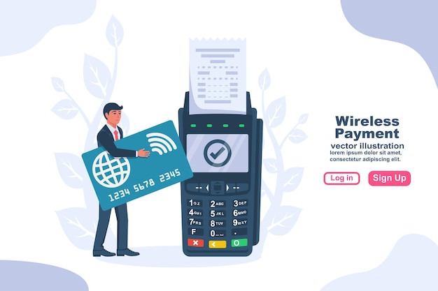 Vector nfc concept. landing page contactless payment. non-cash payment transactions. pos terminal and a businessman with a bank card. financial transactions payment system. vector illustration flat design.