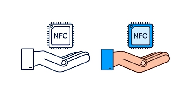 NFC processor icon with hands. NFC chip. Near field communication. Vector stock illustration.