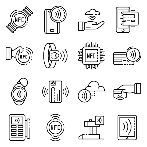 Nfc technology icons set, outline style