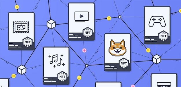 NFT cards with crypto objects of art sports music video games items on sale and blockchain