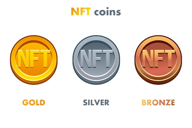 NFT coins in different metals Gold silver and bronze coins Cryptocurrency NFTtoken Internet currency of the future