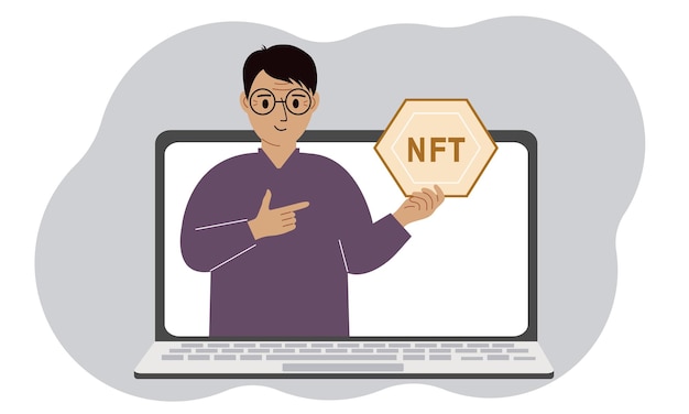 NFT concept A laptop in which a man with the image of NFT in the palm of his hand Auction of nonfungible tokens markets online education