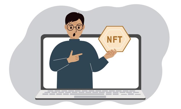 NFT concept A laptop in which a man with the image of NFT in the palm of his hand Auction of nonfungible tokens markets online education