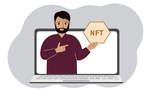 NFT concept A laptop in which a man with the image of NFT in the palm of his hand Auction of nonfungible tokens markets online education