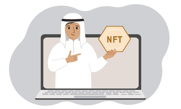 NFT concept A laptop in which a muslim man with the image of NFT in the palm of his hand Auction of nonfungible tokens markets online education