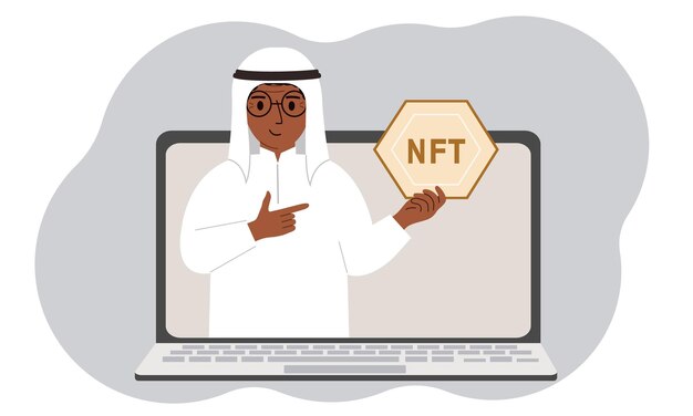 NFT concept A laptop in which a muslim man with the image of NFT in the palm of his hand Auction of nonfungible tokens markets online education