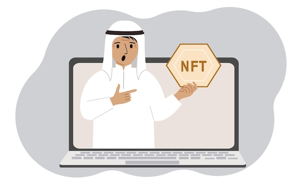 NFT concept A laptop in which a muslim man with the image of NFT in the palm of his hand Auction of nonfungible tokens markets online education