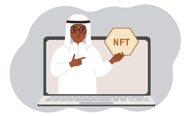 NFT concept A laptop in which a muslim man with the image of NFT in the palm of his hand Auction of nonfungible tokens markets online education