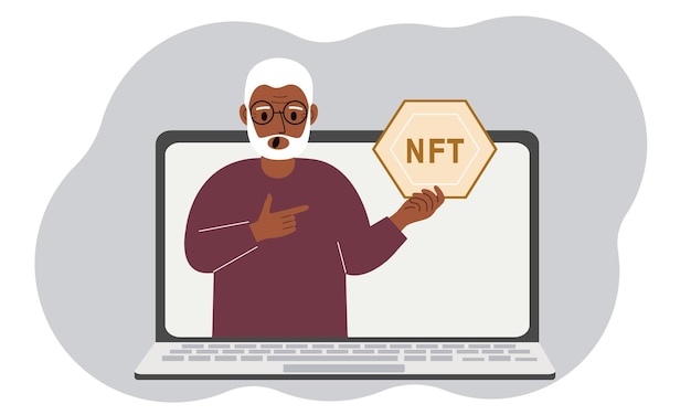 NFT concept A laptop in which a old man with the image of NFT in the palm of his hand Auction of nonfungible tokens markets online education