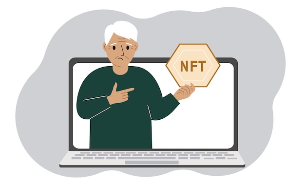 NFT concept A laptop in which a old man with the image of NFT in the palm of his hand Auction of nonfungible tokens markets online education