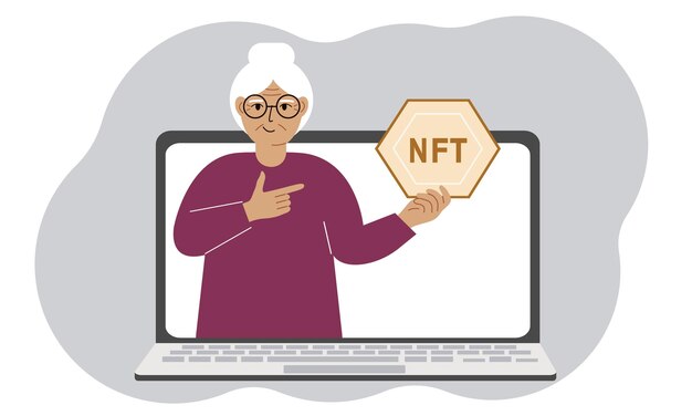 NFT concept A laptop in which a old woman with the image of NFT in the palm of his hand Auction of nonfungible tokens markets online education