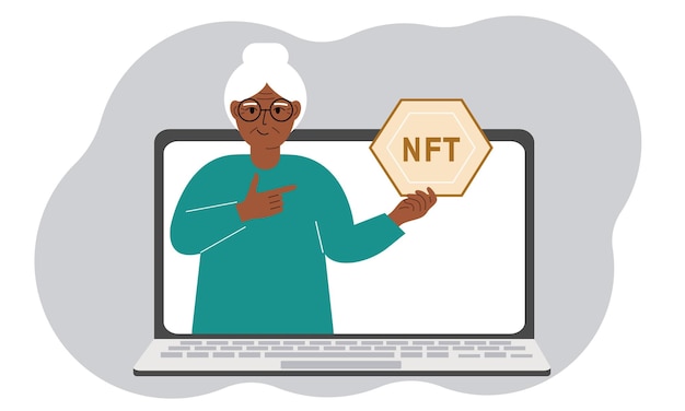 NFT concept A laptop in which a old woman with the image of NFT in the palm of his hand Auction of nonfungible tokens markets online education