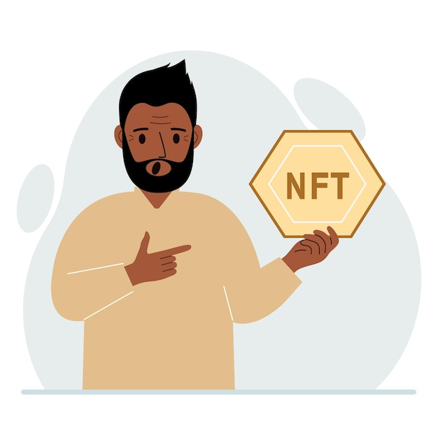 NFT concept The man is holding nft in his hand Works of art using nonfungible tokens for auctions sale and purchase of works of art