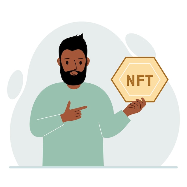 NFT concept The man is holding nft in his hand Works of art using nonfungible tokens for auctions sale and purchase of works of art