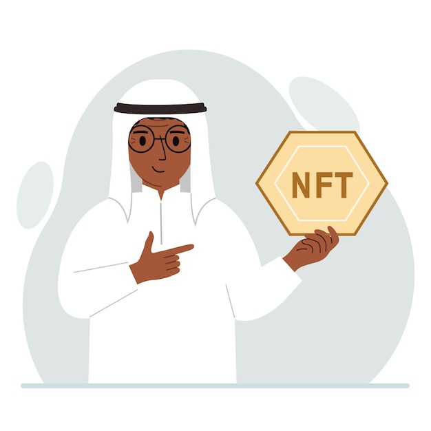 NFT concept The muslim man is holding nft in his hand Works of art using nonfungible tokens for auctions sale and purchase of works of art