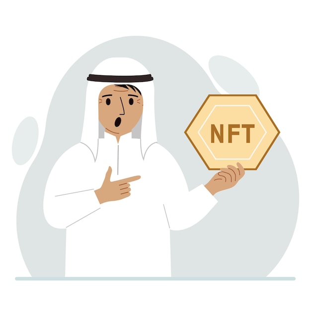 NFT concept The muslim man is holding nft in his hand Works of art using nonfungible tokens for auctions sale and purchase of works of art