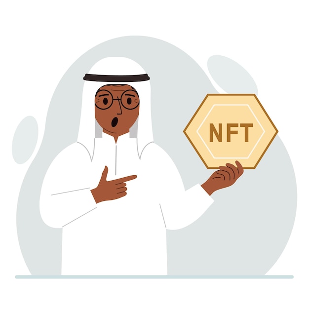 NFT concept The muslim man is holding nft in his hand Works of art using nonfungible tokens for auctions sale and purchase of works of art