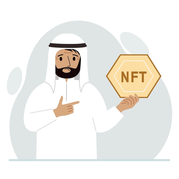 NFT concept The muslim man is holding nft in his hand Works of art using nonfungible tokens for auctions sale and purchase of works of art