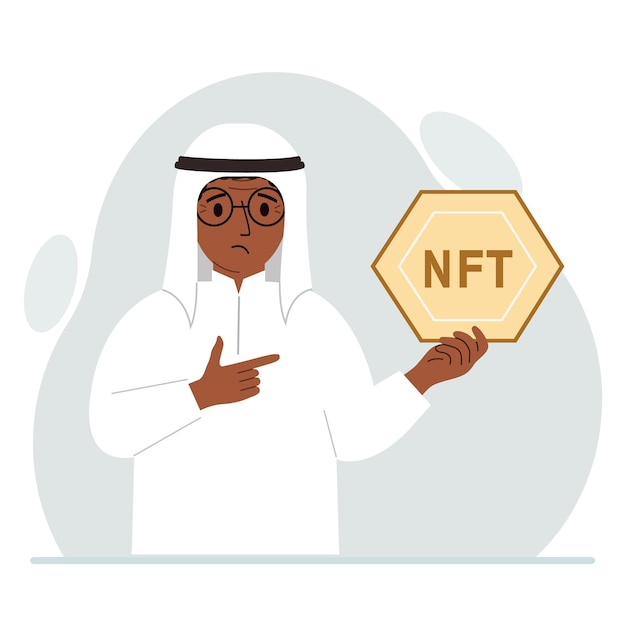 NFT concept The muslim man is holding nft in his hand Works of art using nonfungible tokens for auctions sale and purchase of works of art