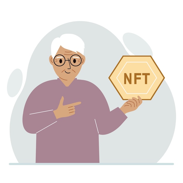 NFT concept The old man is holding nft in his hand Works of art using nonfungible tokens for auctions sale and purchase of works of art