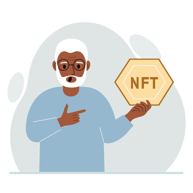 NFT concept The old man is holding nft in his hand Works of art using nonfungible tokens for auctions sale and purchase of works of art