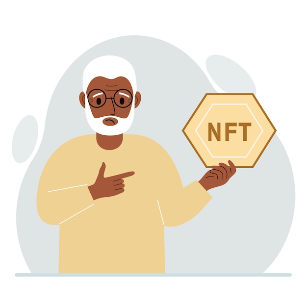 NFT concept The old man is holding nft in his hand Works of art using nonfungible tokens for auctions sale and purchase of works of art