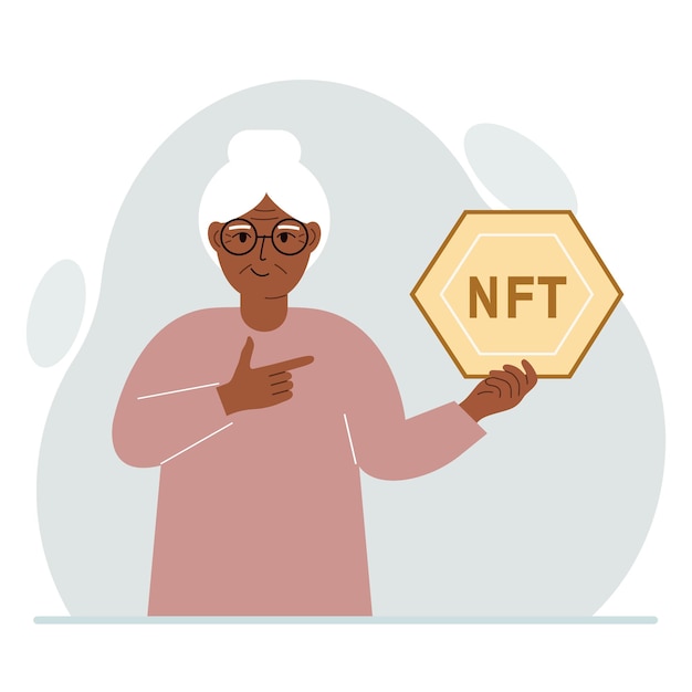 NFT concept The old woman is holding nft in his hand Works of art using nonfungible tokens for auctions sale and purchase of works of art