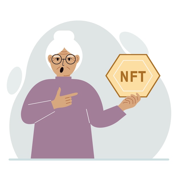 NFT concept The old woman is holding nft in his hand Works of art using nonfungible tokens for auctions sale and purchase of works of art