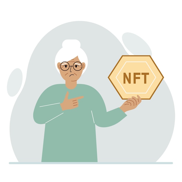 NFT concept The old woman is holding nft in his hand Works of art using nonfungible tokens for auctions sale and purchase of works of art