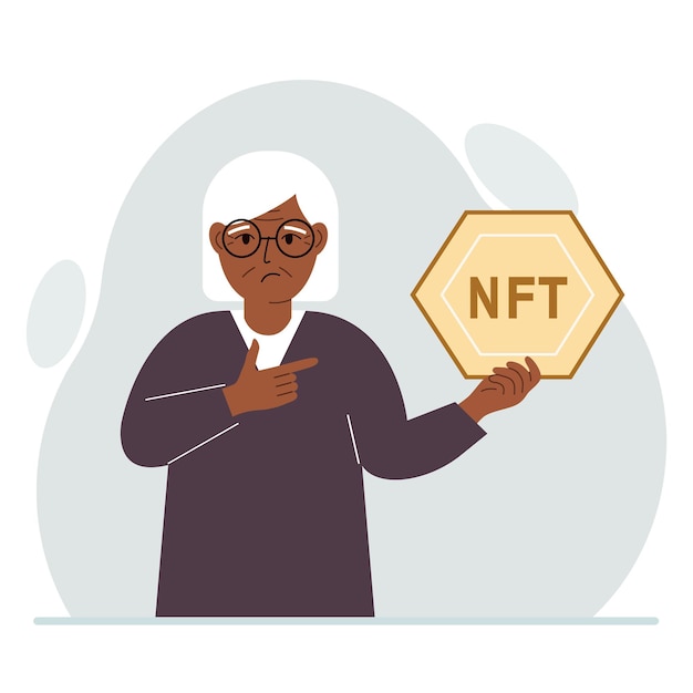 NFT concept The old woman is holding nft in his hand Works of art using nonfungible tokens for auctions sale and purchase of works of art