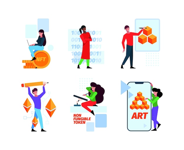 Nft Crypto art digital investment technology pixel paintings video creative artistic gallery from blockchain marketplace garish vector flat concept illustrations