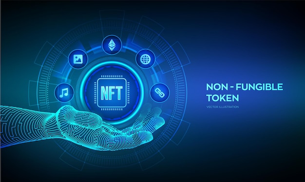 NFT icon in robotic hand Nonfungible token digital crypto art blockchain technology concept on virtual screen Investment in cryptographic Vector illustration