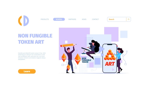 Nft landing Digital crypto art pixel and 3d unique paintings for selling blockchain stores for artists modern nft works garish vector web pages template