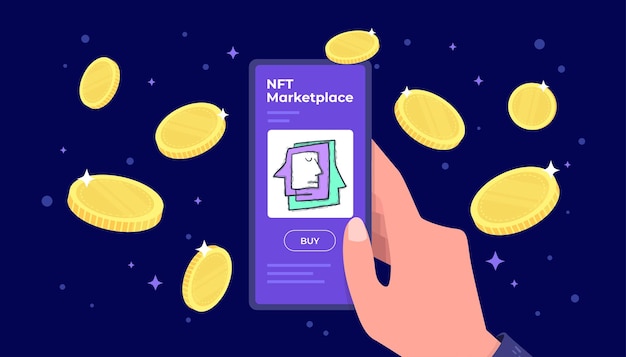 NFT Marketplace App on Mobile with cryptocurrency coins falling concept banner