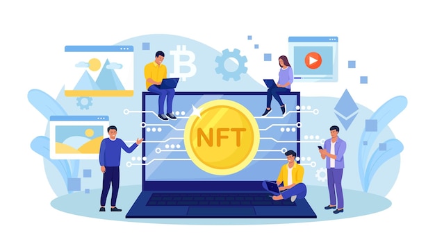 NFT Marketplace with Crypto Art Items on Sale and Blockchain Technology People Use Non Fungible Token Cryptocurrency to Buy Exclusive Arts Masterpieces and Antiquities in Cyber Space