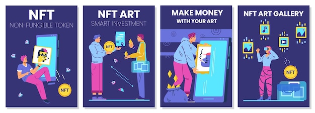 NFT non fungible token cocept. People creating selling choosing and buying NFT art illustrations