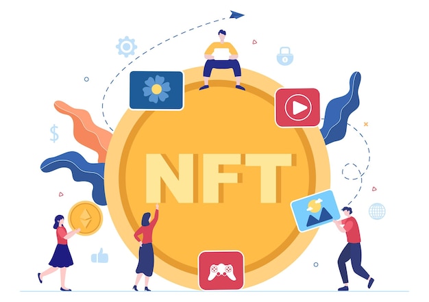 NFT Non Fungible Token Crypto Art of Converting Into Digital Network with Coin Servers for Banner or Poster in Flat Background Illustration