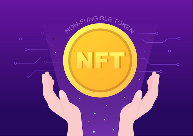 NFT Non Fungible Token Crypto Art of Converting Into Digital Network with Coin Servers for Banner or Poster in Flat Background Illustration