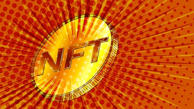 NFT non fungible token golden coin styled for the 80s Pay for unique collectibles in games or art Colorful header or banner