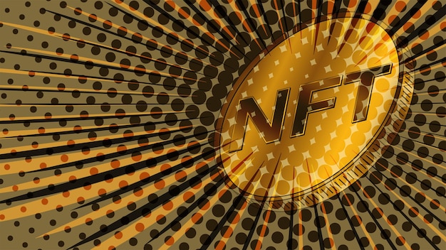 NFT non fungible token golden coin styled for the 80s retro Pay for unique collectibles in games or art Colorful header or banner