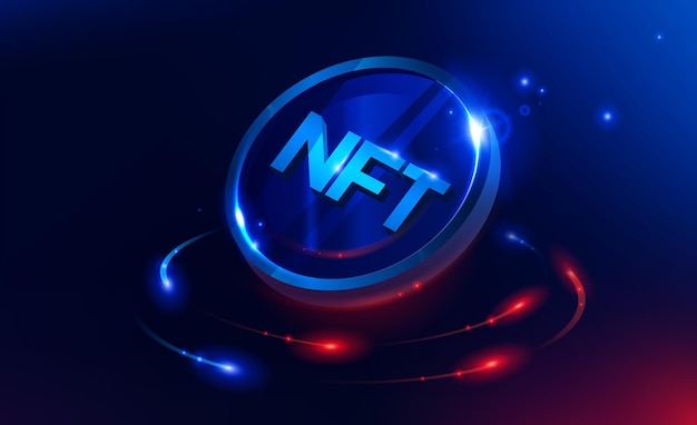 NFT nonfungible token illustration with red and blue glowing lights dark blue background Vector cryptocurrency