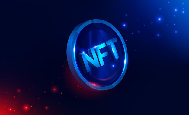 NFT nonfungible token illustration with red and blue glowing lights dark blue background Vector cryptocurrency