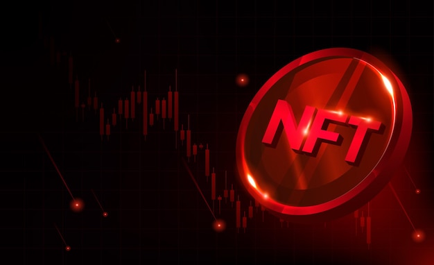 NFT nonfungible token illustration with red  glowing lights dark blue background. Crypto price falls